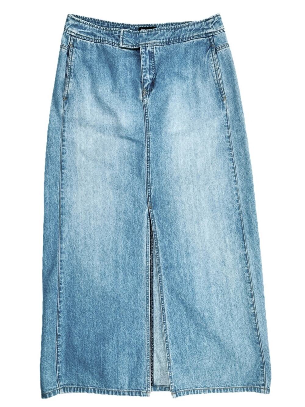 Vintage 2000s Long Denim Skirt Large Y2K Jean Maxi 100% Cotton Pockets Slit Fade